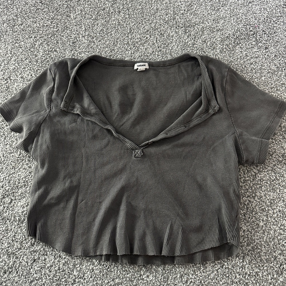 Garage Gray Ribbed V-Neck Crop Top